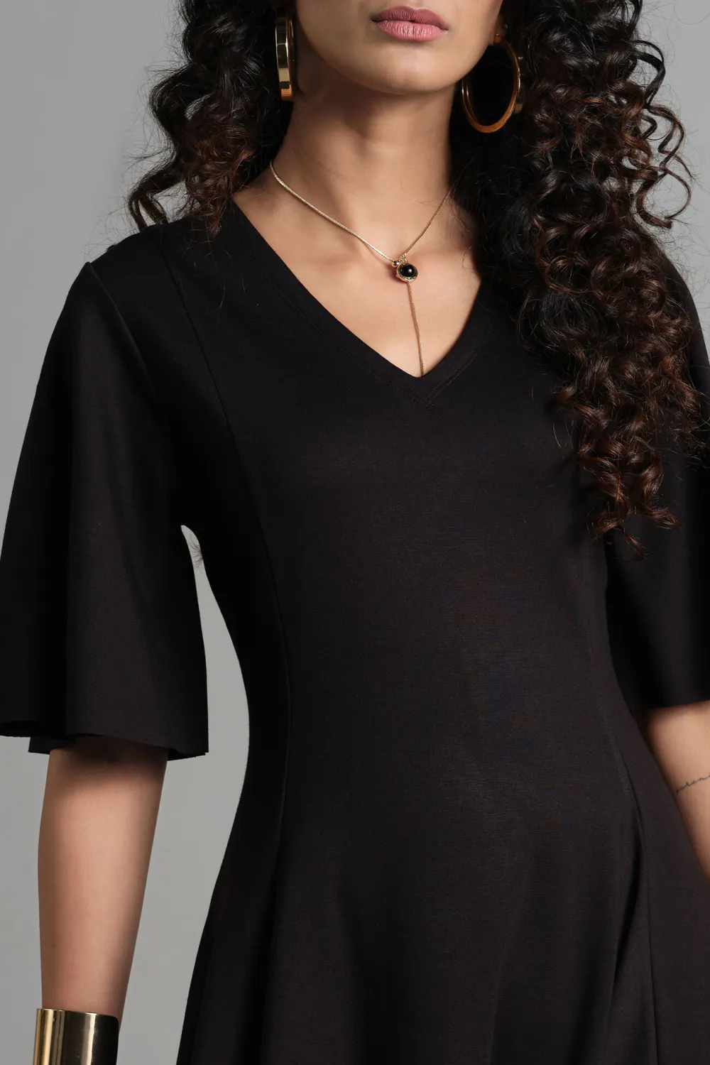 V-Neck Casual Style Black Dress