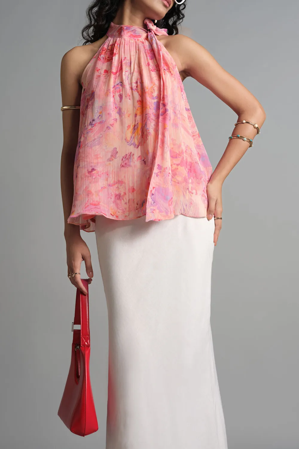 Pink Bow Neck Floral Top