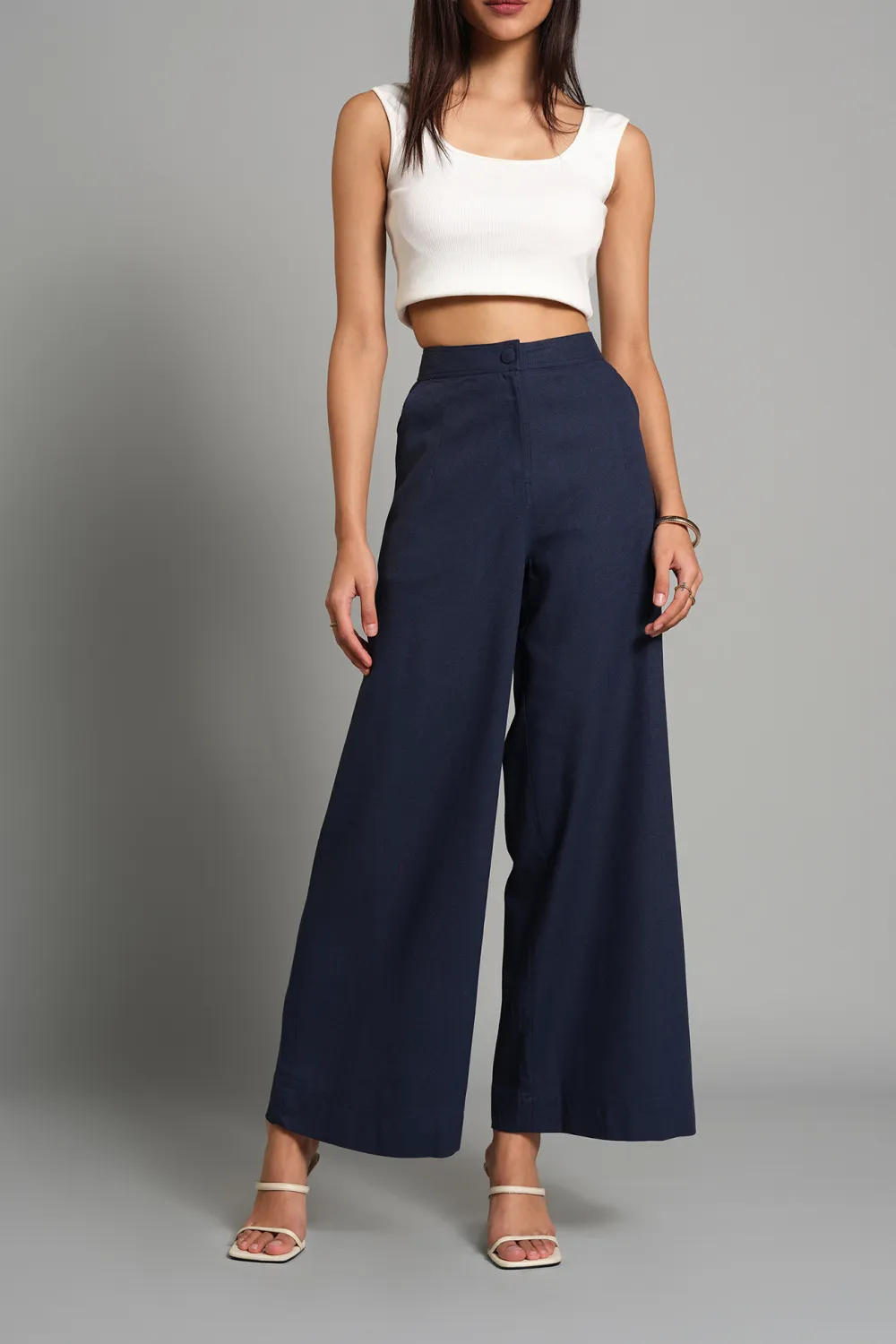 Navy Casual Wear Wide-Leg Pants